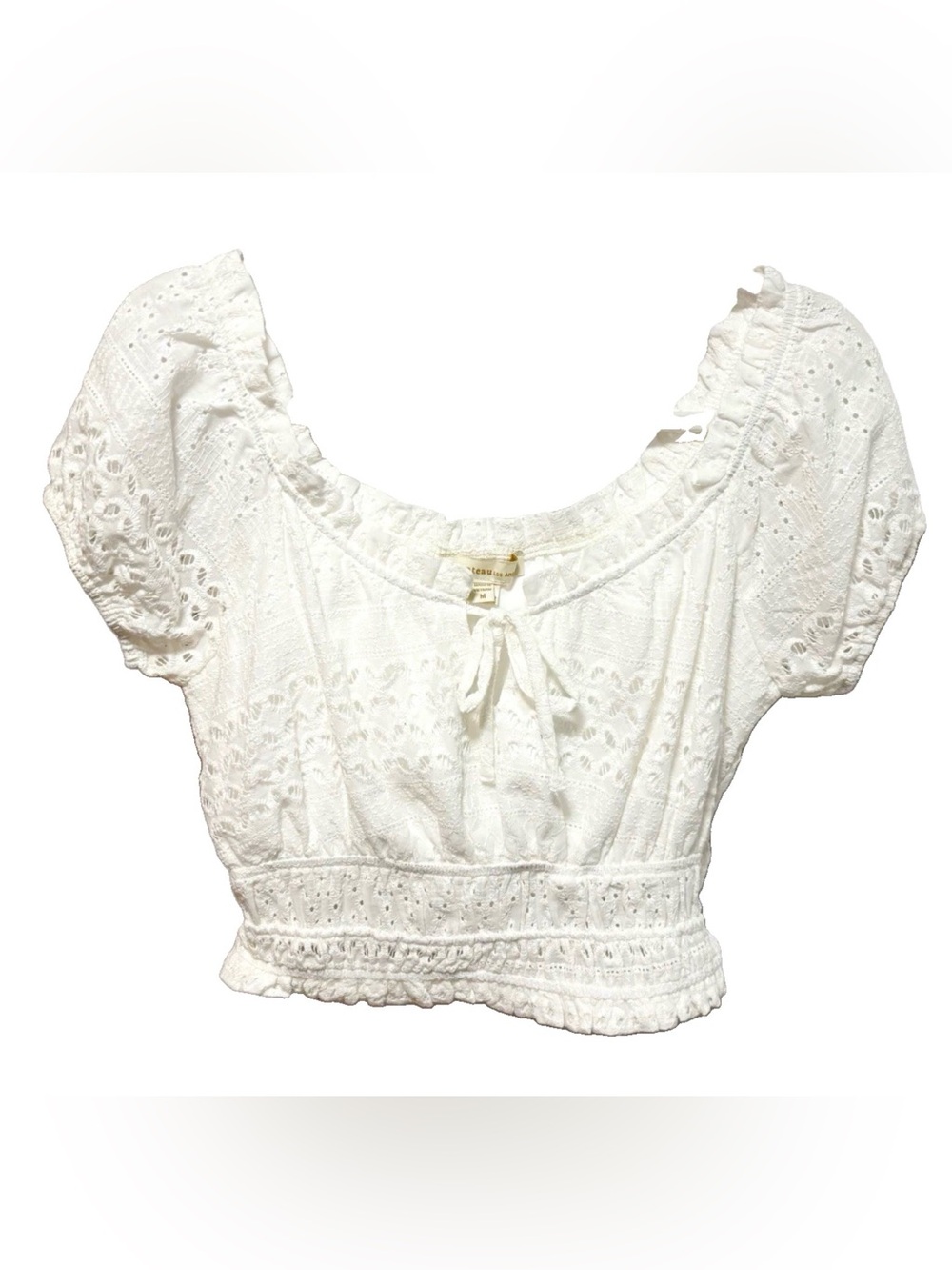 Monteau White Eyelet Tie-Front Cropped Peasant Blouse